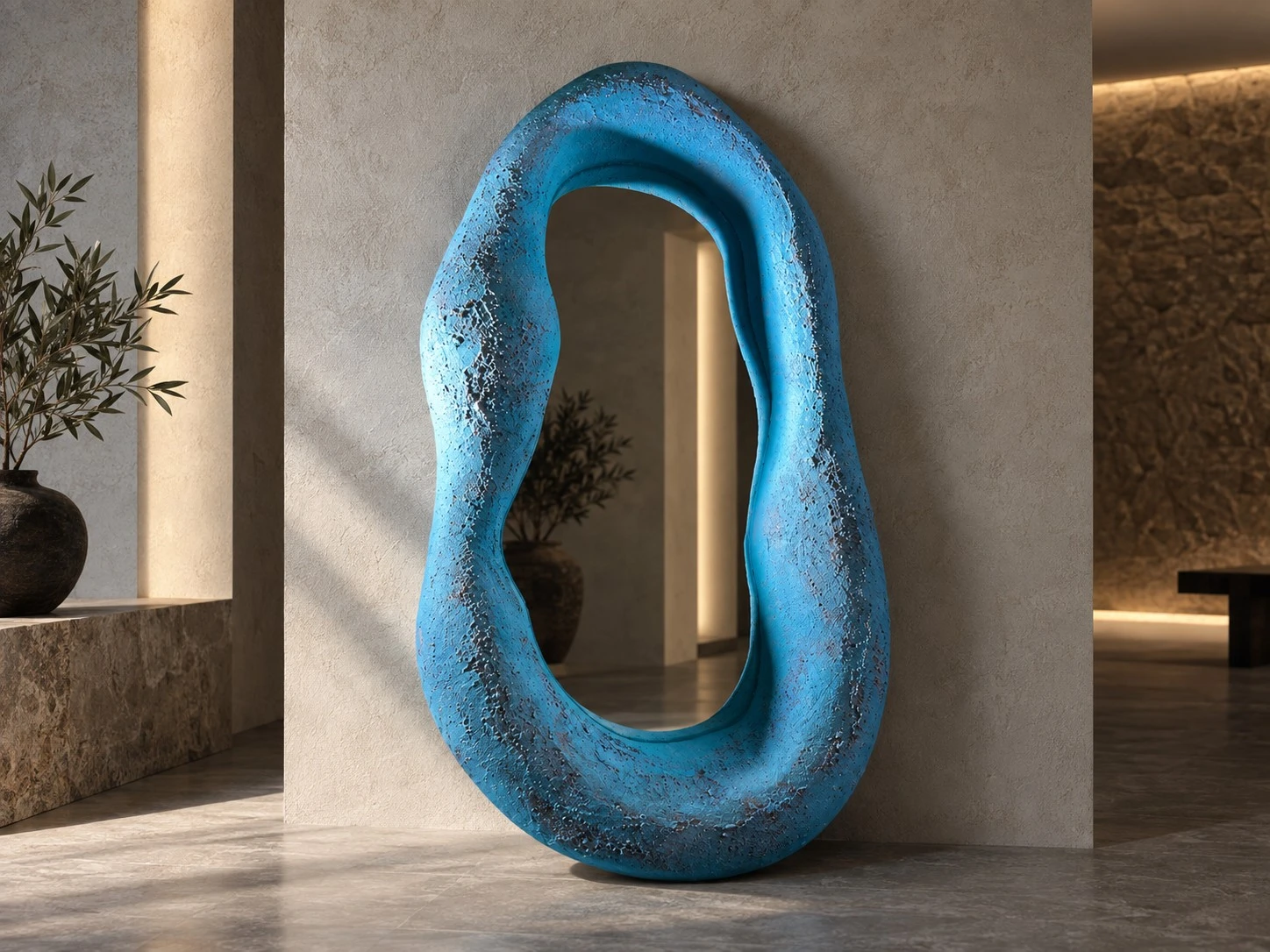 Vrijstaande spiegel met vrije vorm en levendige blauwe sculpturale lijst